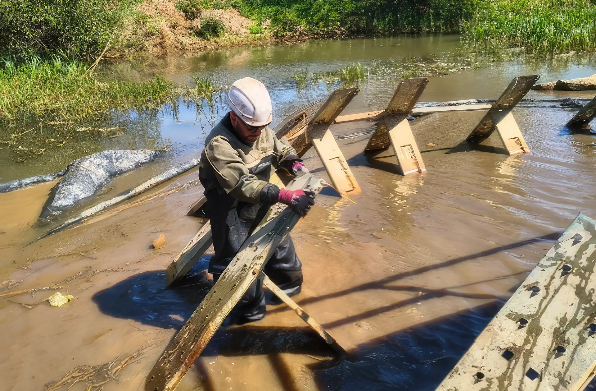 High Water engineer dismantling and maintaining a Frame Dam following completion of temporary water management works.