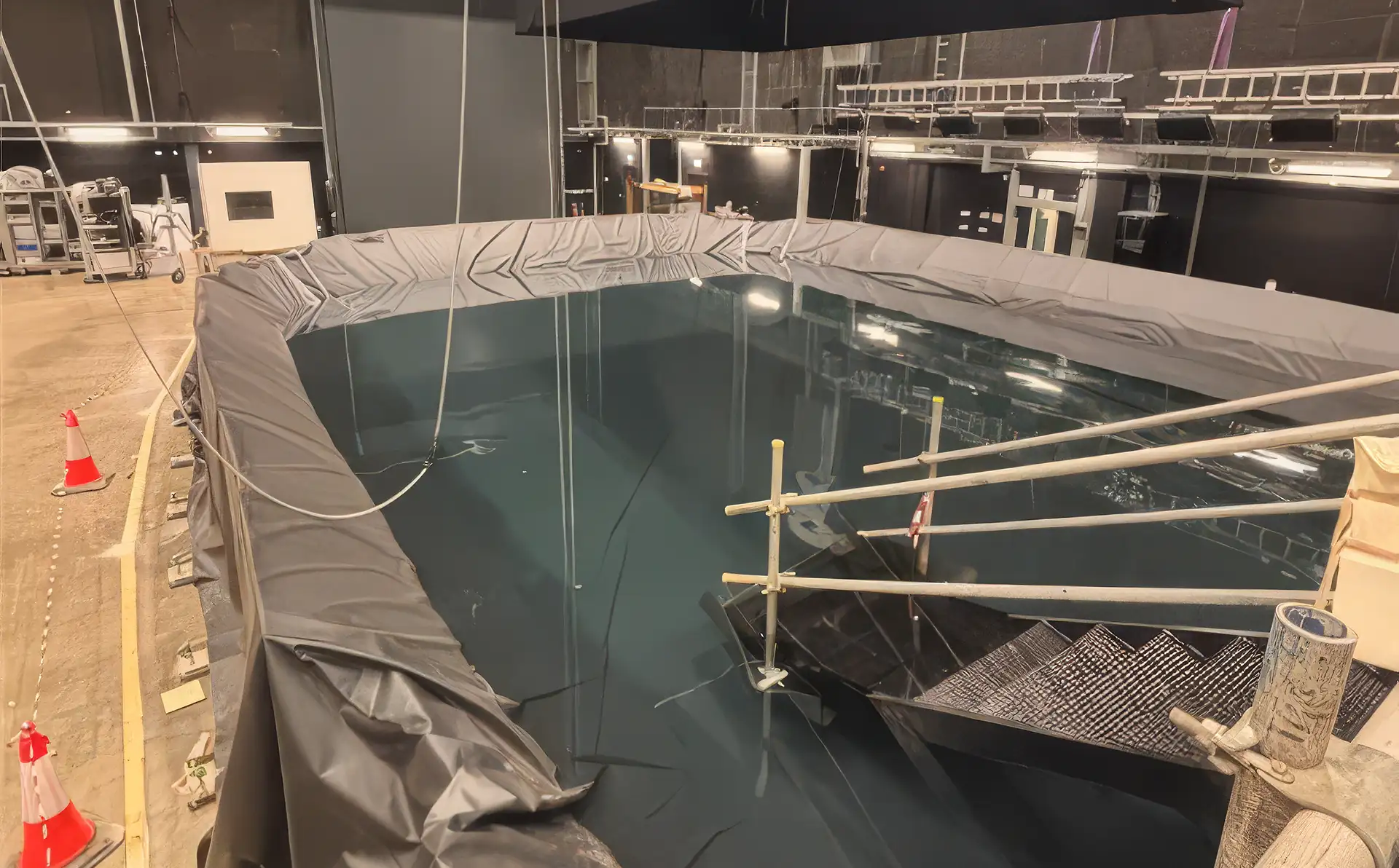 High Water temporary water storage and containment tank installed to safely retain large volumes of water for film production and specialist engineering projects.