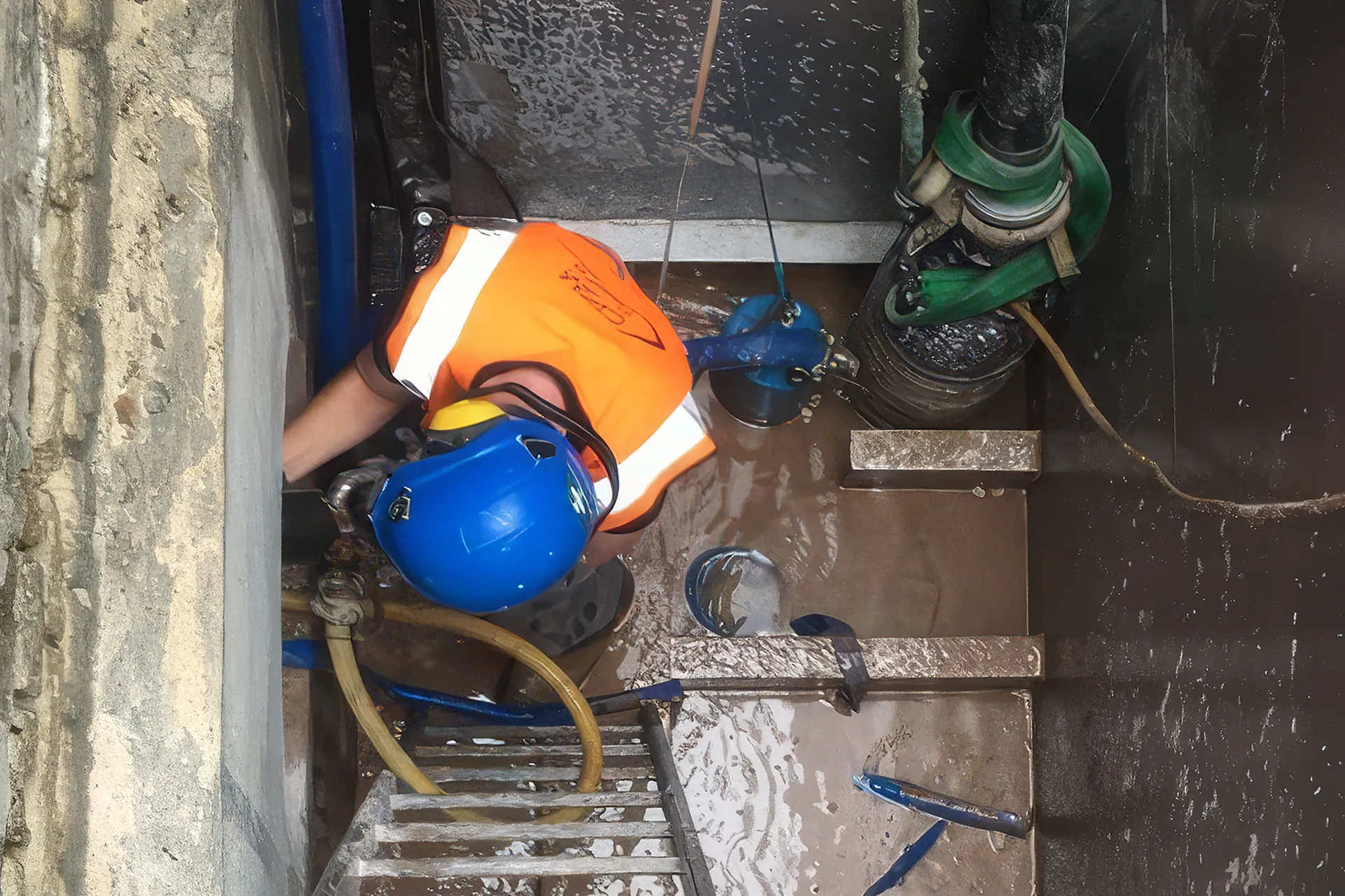 Temporary access chamber installed for confined space engineering and safe below-water infrastructure access.