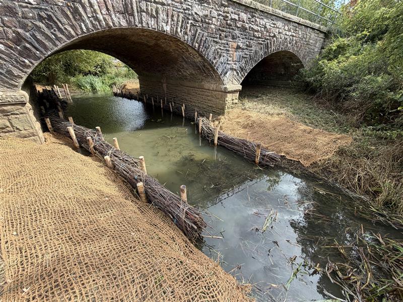 Riverbank stabilisation and scour protection using timber posts and brushwood fascines at River Laden