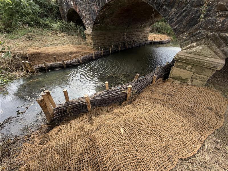 Riverbank stabilisation and scour protection using timber posts and brushwood fascines at River Laden