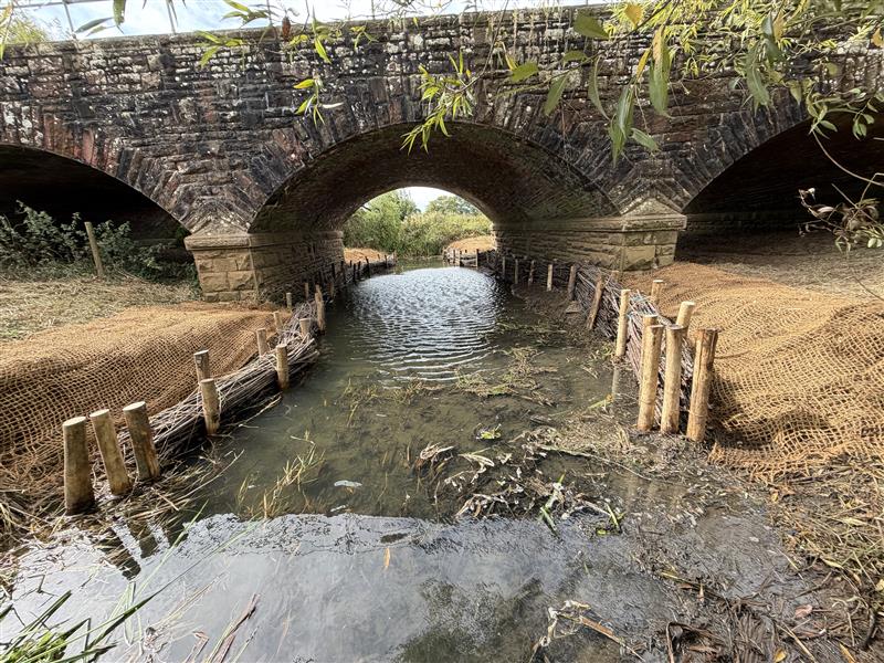 Riverbank stabilisation and scour protection using timber posts and brushwood fascines at River Laden